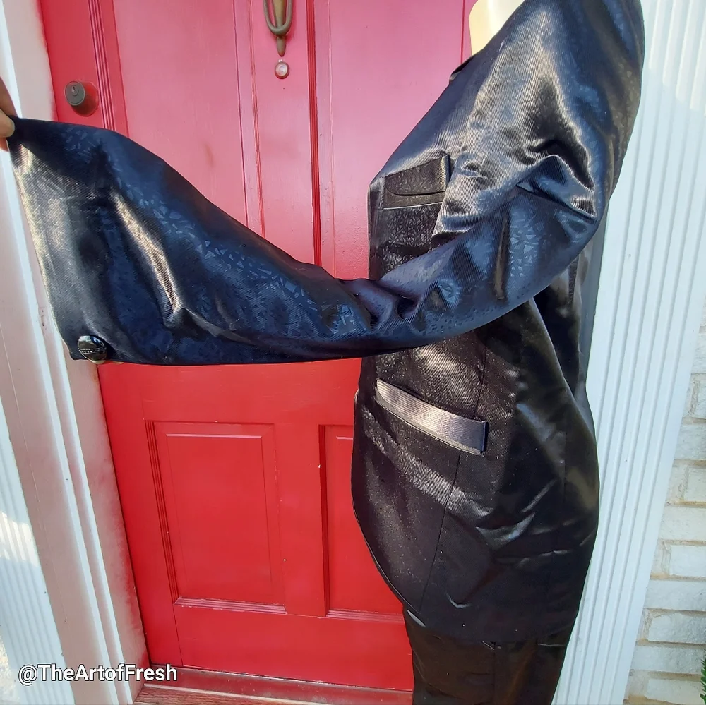 Mens 2pc Modern Fit Suit Shiny Wet  Black (Unisex) - Picture 5 of 14